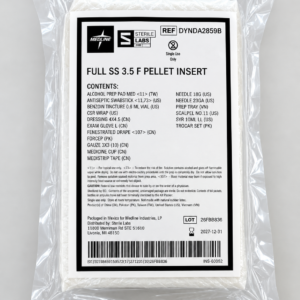 35mm outside kit packaging - Sterile Labs® Packaged sterile medical insert in a clear plastic bag, label reads 'FULL SS 3.5 F PELLET INSERT' with contents list and bar code