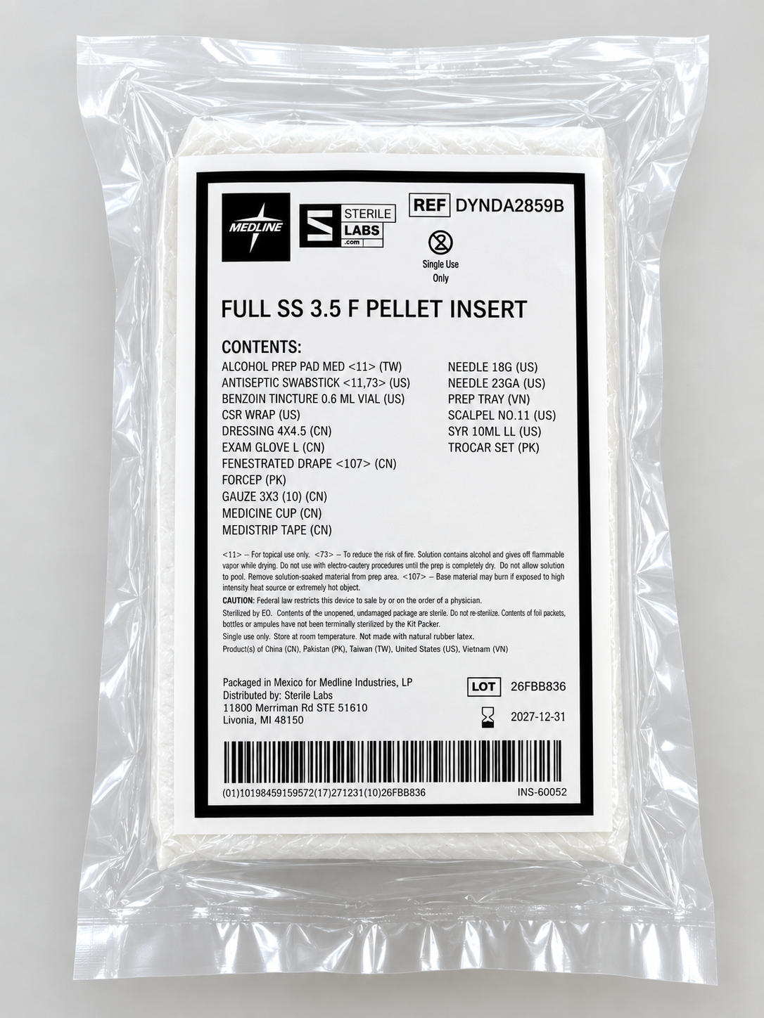 Packaged sterile medical insert in a clear plastic bag, label reads 'FULL SS 3.5 F PELLET INSERT' with contents list and bar code