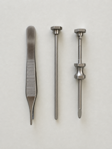 Three stainless steel dental instruments laid out vertically: a blade-like scaler on the left and two long slender probes with knurled knobs on top against a light gray background.