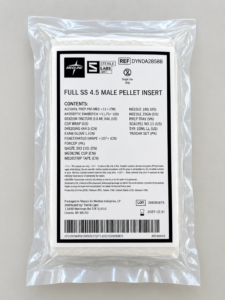 Sterile medical device pouch with a label reading 'FULL SS 4.5 MALE PELLET INSERT' and contents list inside a black border.
