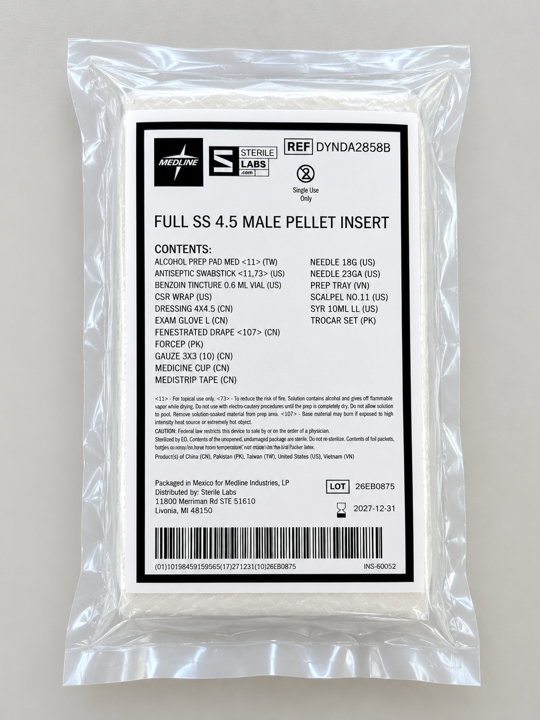 Sterile medical device pouch with a label reading 'FULL SS 4.5 MALE PELLET INSERT' and contents list inside a black border.