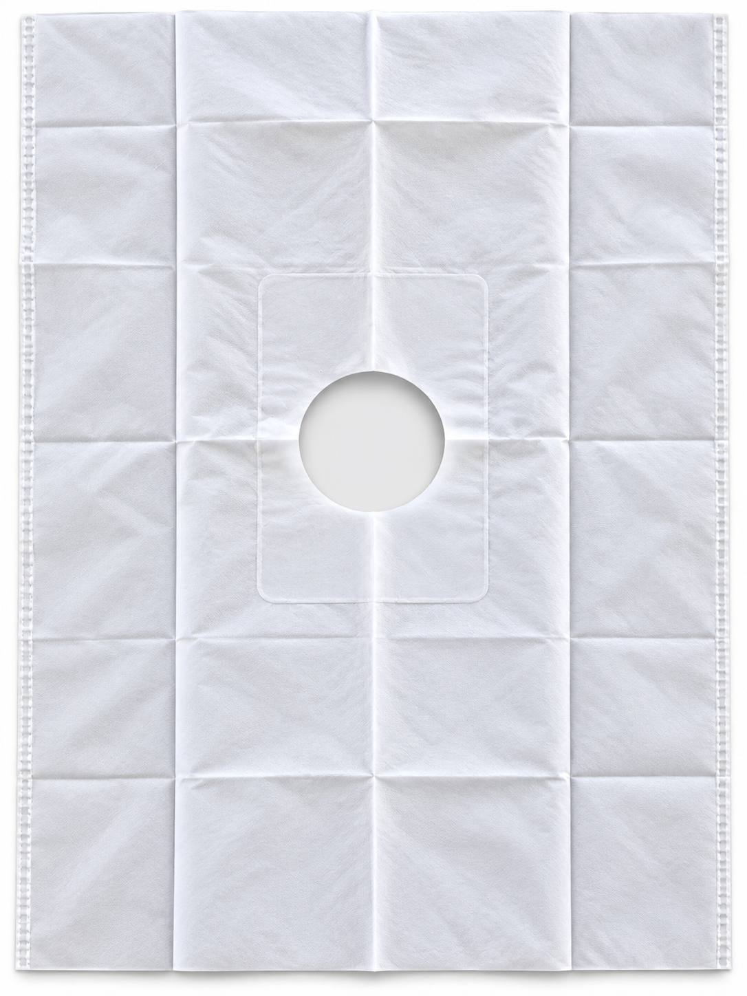 White disposable underpad with a circular central hole and stitched border, laid flat as a sheet.
